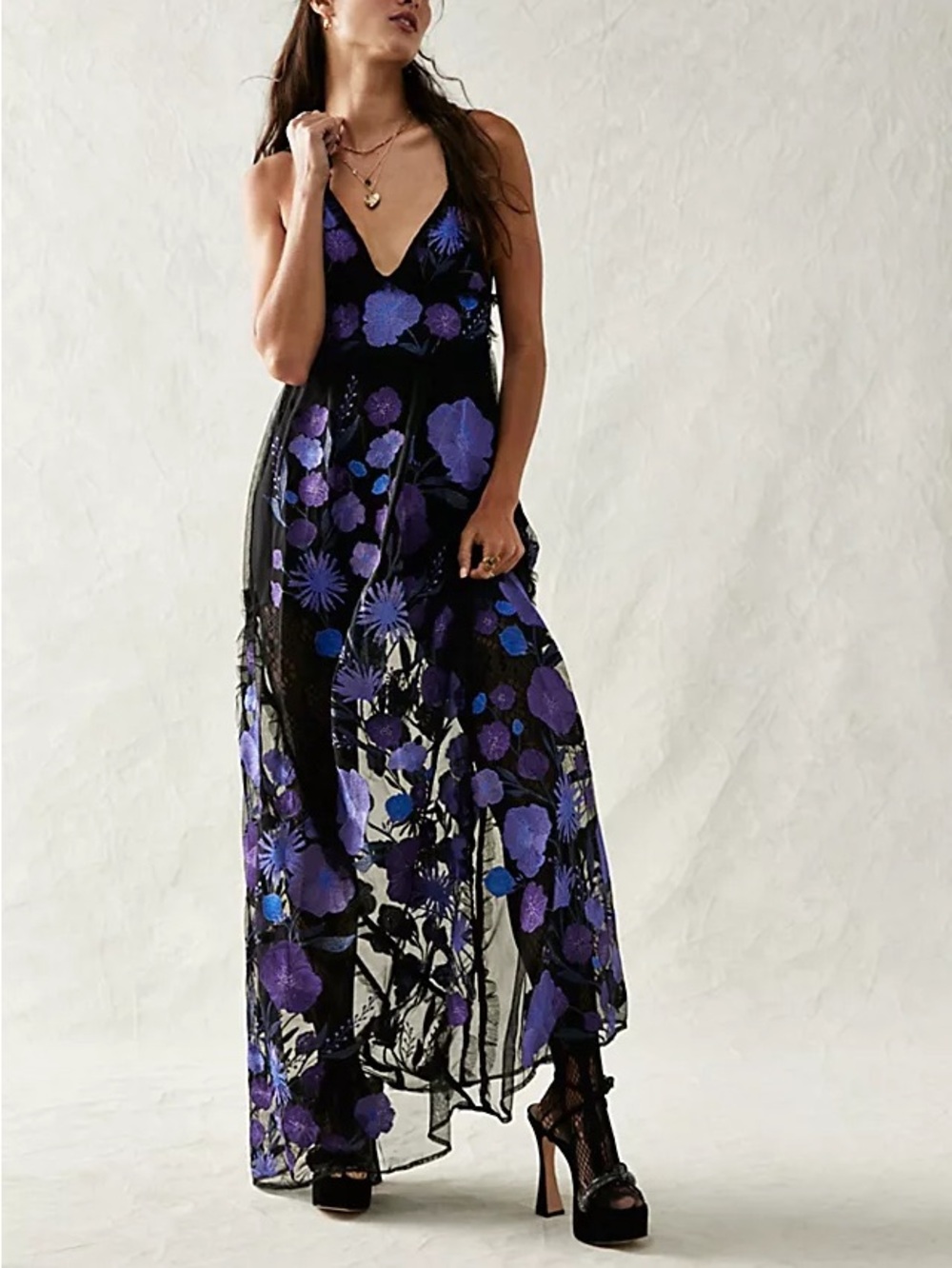 For Love & Lemons Kaylee Maxi Dress Black Sheer w/ Purple Floral Print Size NWT